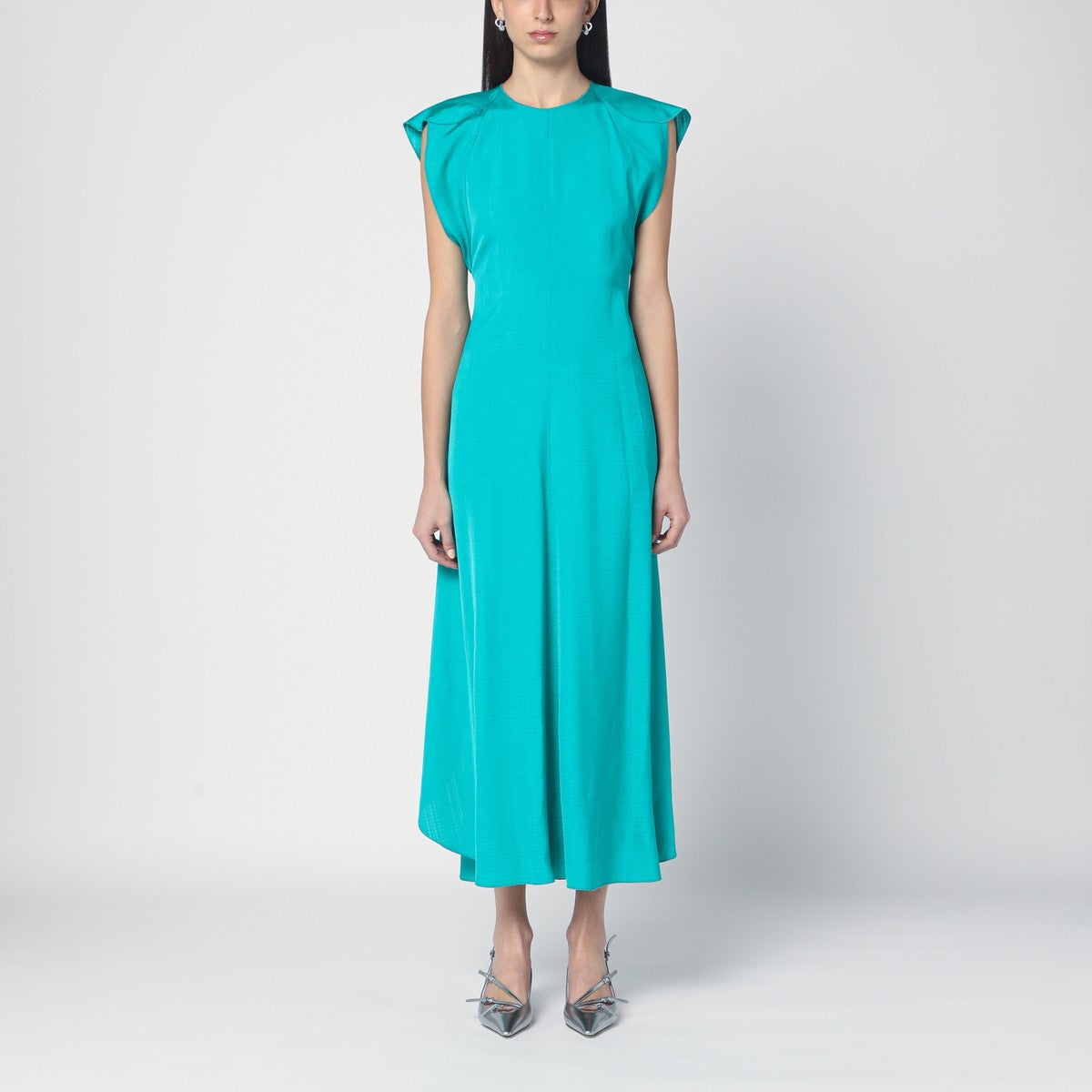 Victoria Beckham Peacock colour midi dress with hooded sleeves