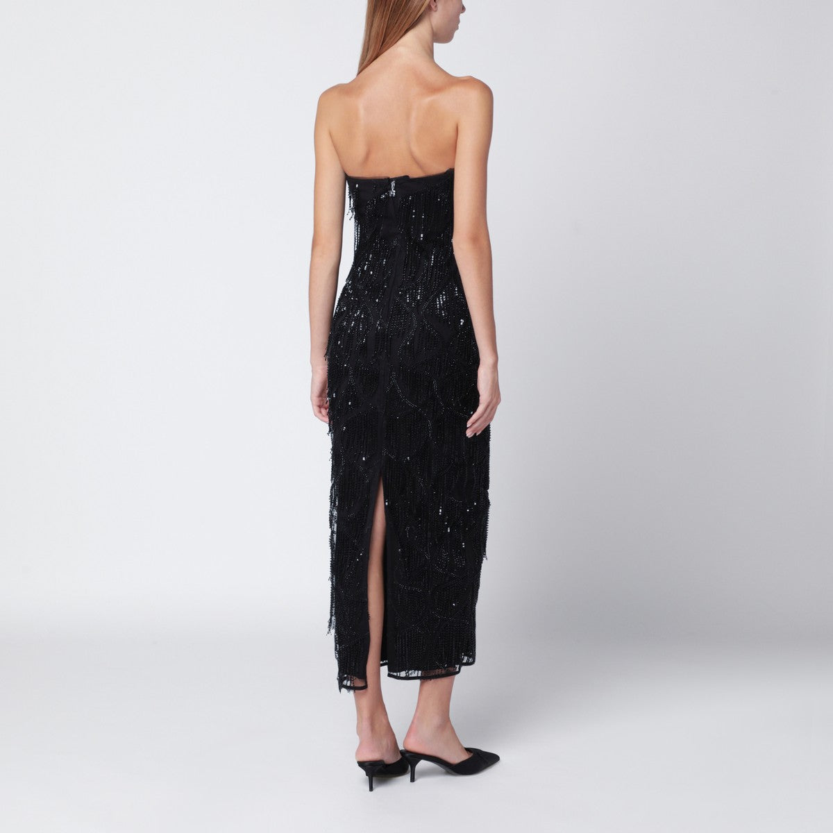 ROTATE Birger Christensen Black beaded fringe midi dress