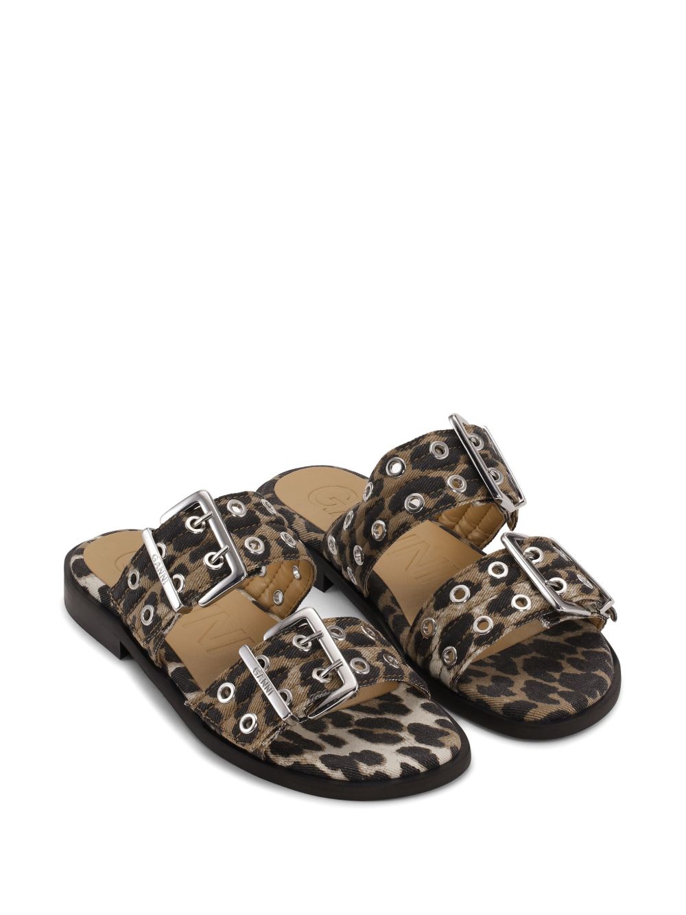 Ganni Leopard Denim Feminine Buckle Two-Strap Sandals