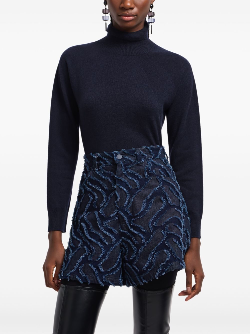 Emporio Armani Fringed embossed jacquard denim shorts