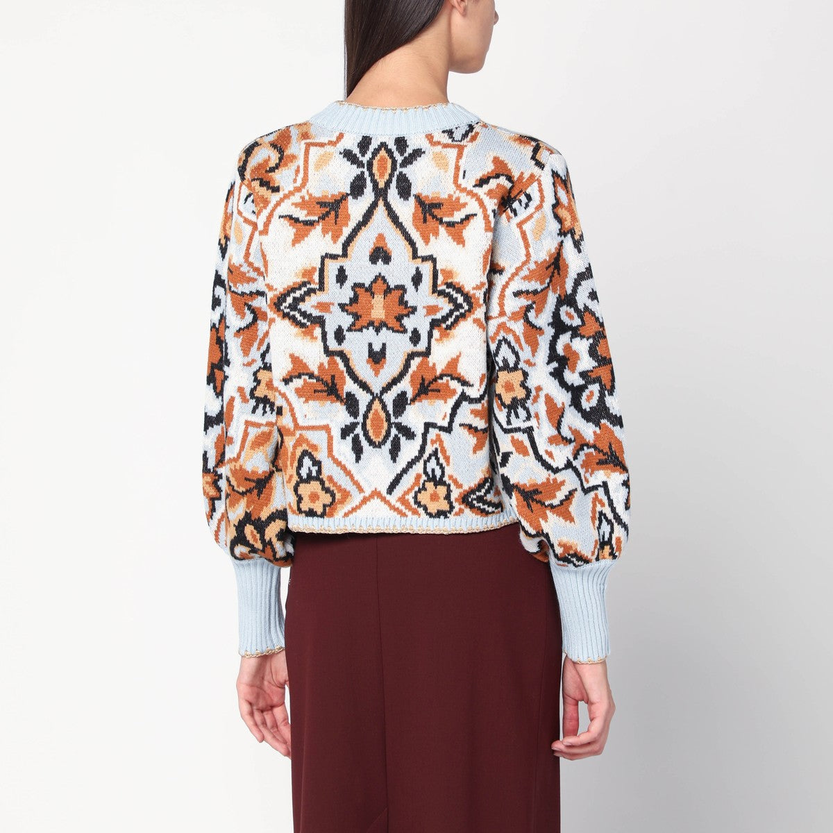 FARM Rio Light blue sweater with tapestry detail