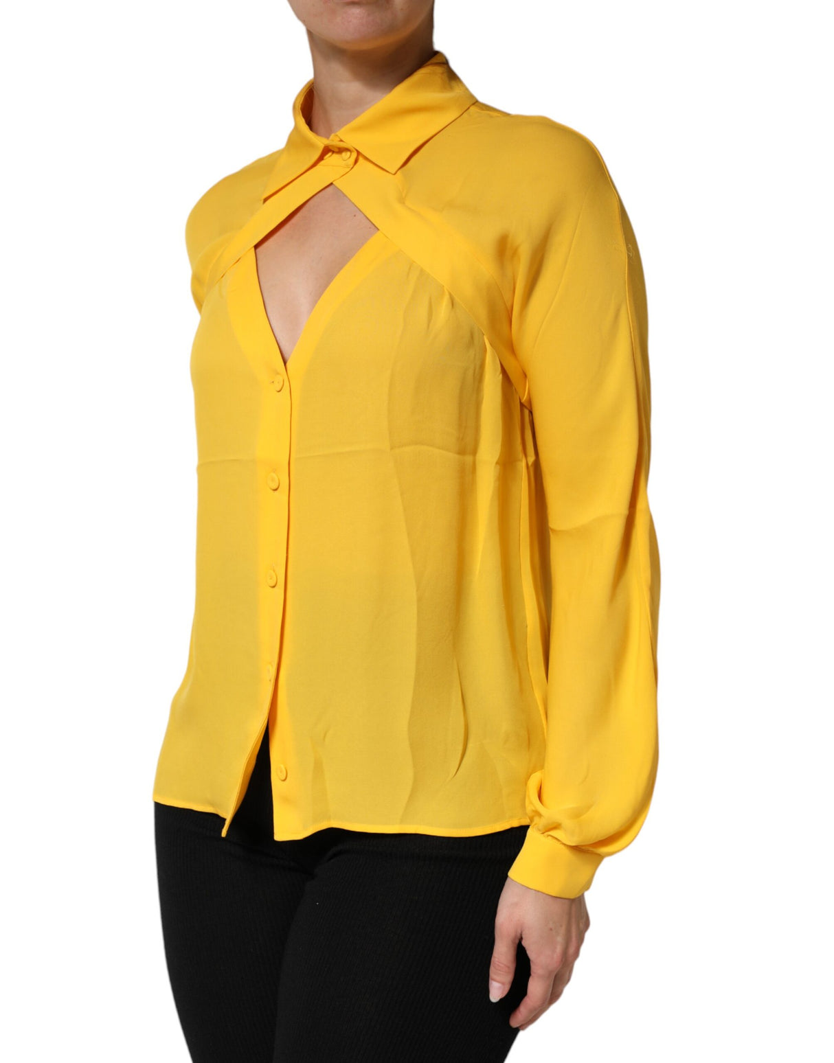Moschino Couture Yellow Silk Collared Long Sleeves Top