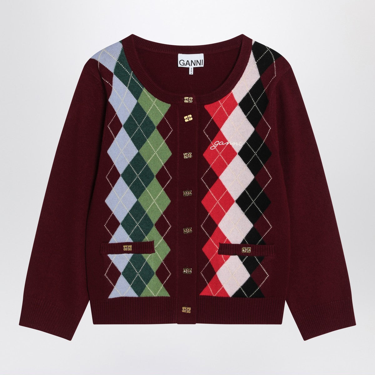 GANNI Burgundy checked cardigan in cashmere blend
