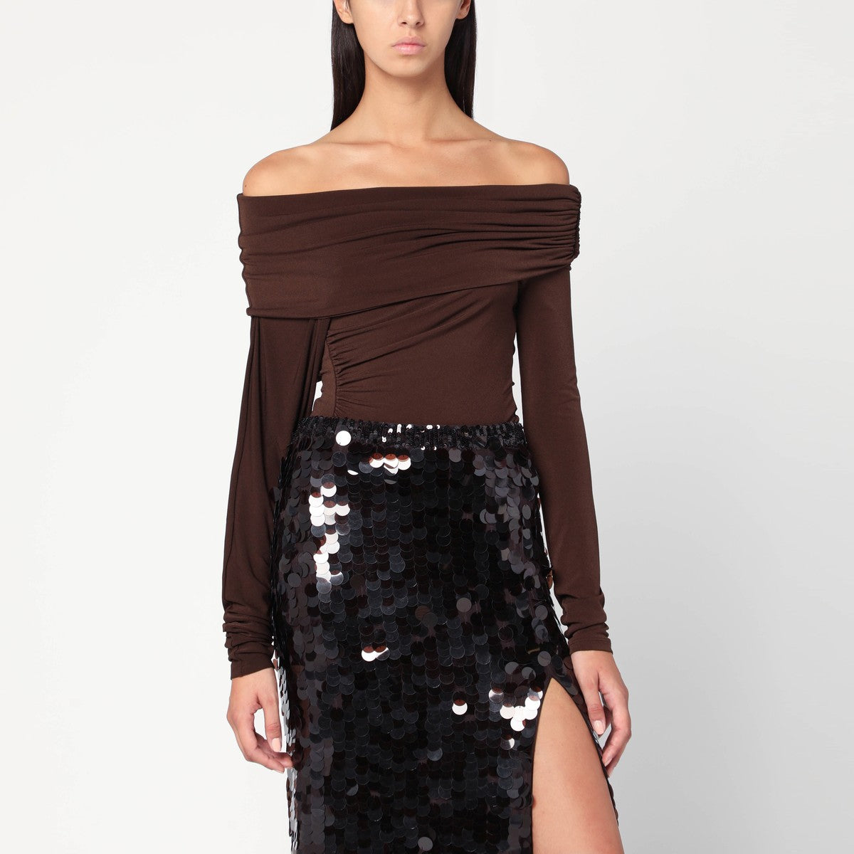 THE ANDAMANE Top with bare shoulders in brown jersey