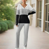 Women's Contracted Design Color-Block Hooded Sweatsuit Set - Long Sleeve Zip-Up Hoodie With Wide-Leg Lounge Pants