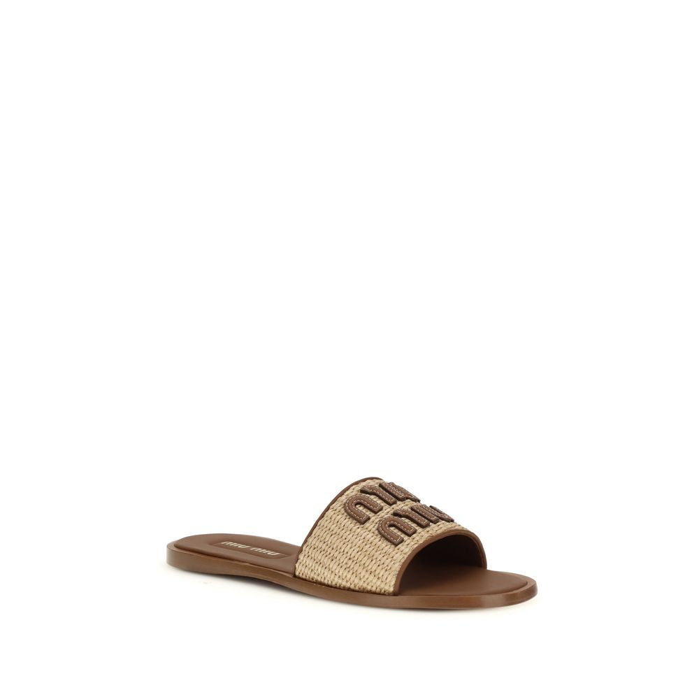 Miu Miu Beige Calf Leather Bos Taurus Flat Sandals
