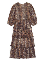 Ganni Leopard Pleated Georgette Flounce Smock Midi Dress