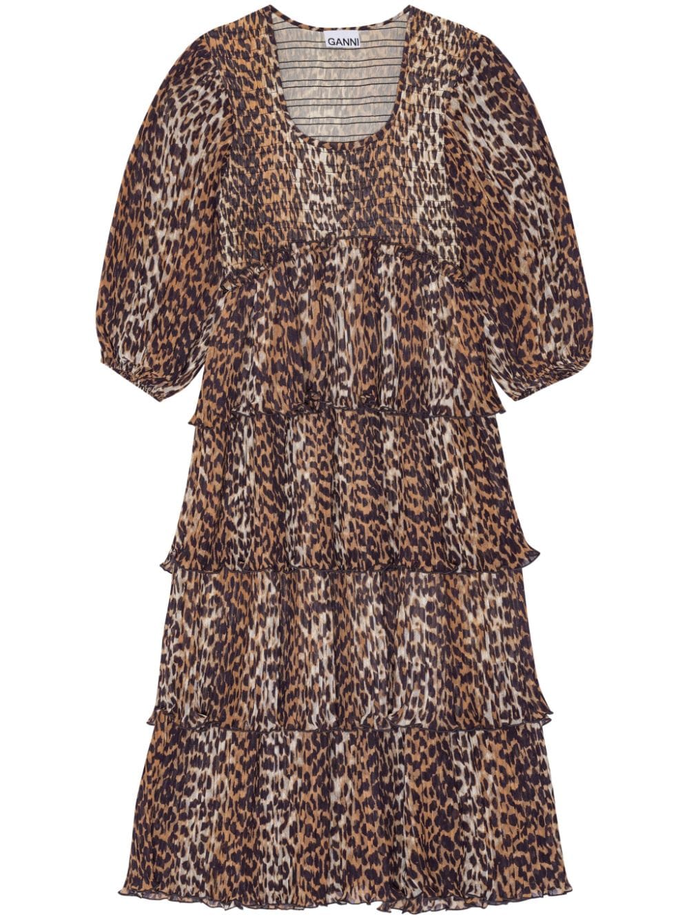 Ganni Leopard Pleated Georgette Flounce Smock Midi Dress