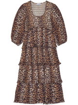 Ganni Leopard Pleated Georgette Flounce Smock Midi Dress