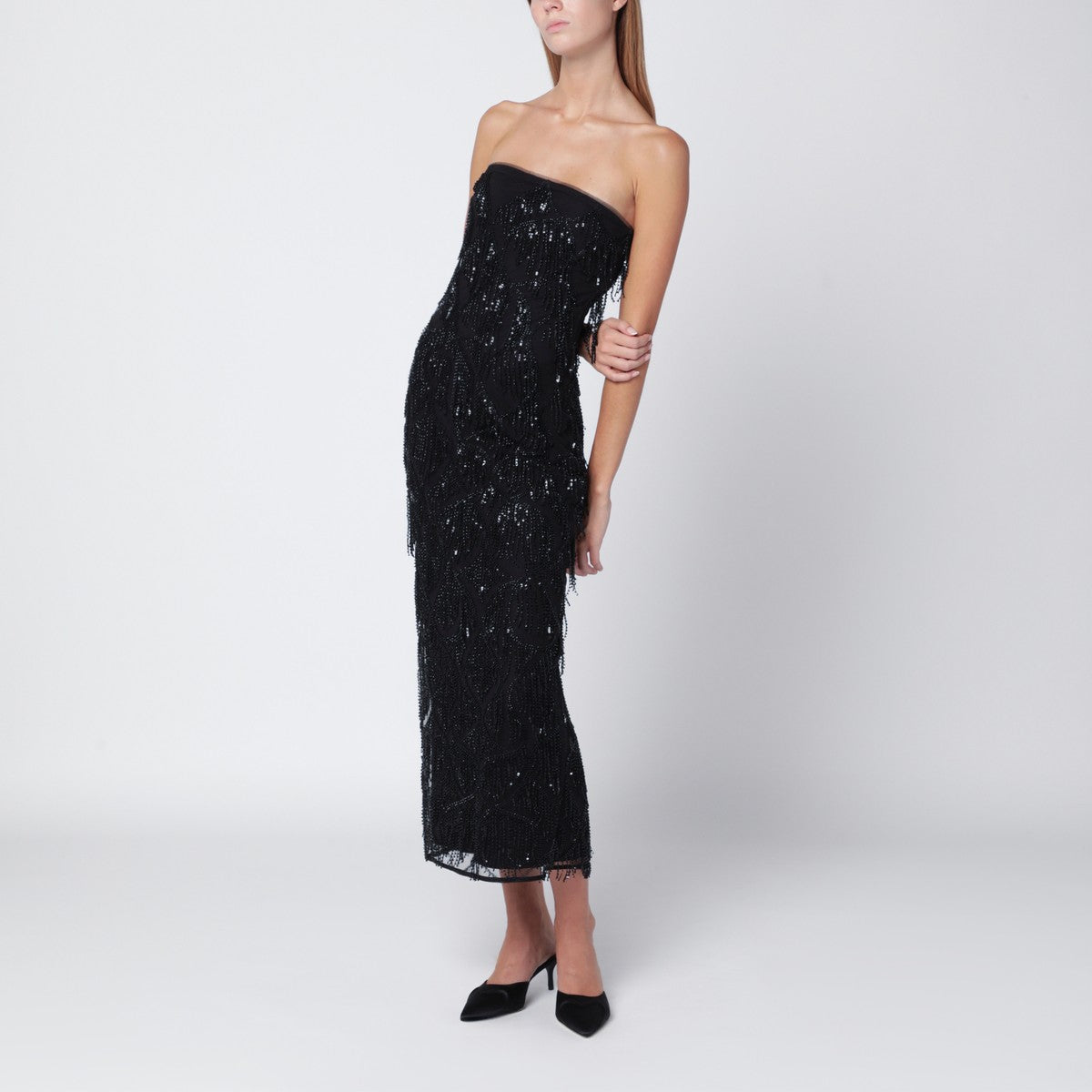 ROTATE Birger Christensen Black beaded fringe midi dress
