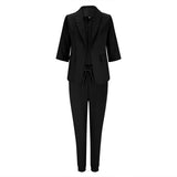 Women's Solid Color Long Sleeve Suit Set - Stylish Notch Lapel Blazer With Pockets & Drawstring Waist Pants, Spring&Fall Business Casual Outfit