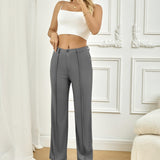 Ladies' Solid Color Pocket Versatile Commuting Waist Cinching Loose Straight Leg Wide Leg Pants