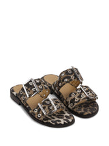 Ganni Leopard Denim Feminine Buckle Two-Strap Sandals