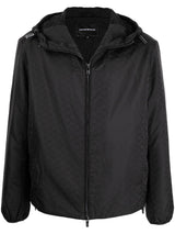Emporio Armani Hooded jacket with zip in nylon jacquard eagle all over