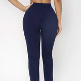 Ladies' Fashionable Retro Slim Fit Double Row Decoration Fake Button High Waisted Pants, Simple Solid Color Small Pant Legs