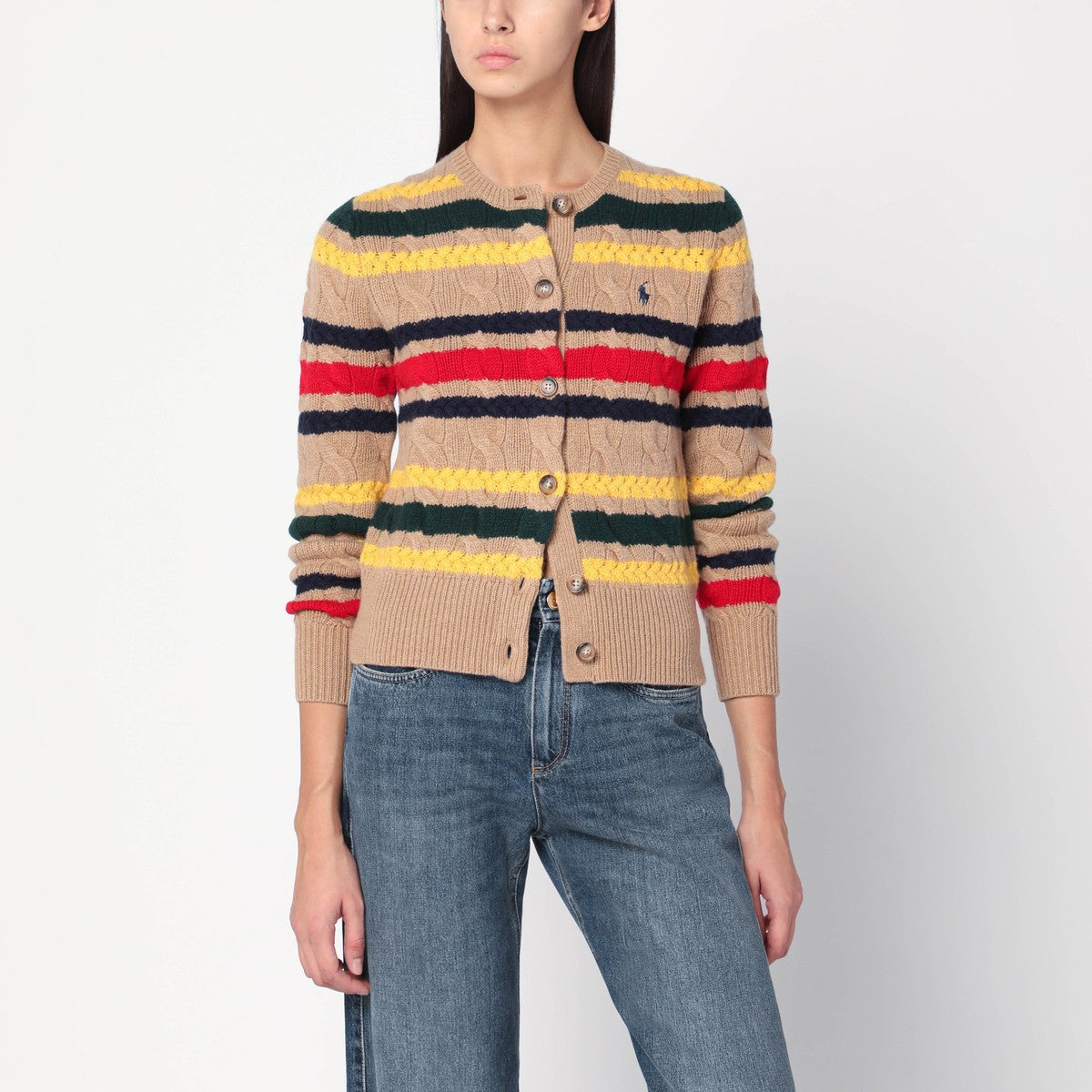 Polo Ralph Lauren Beige cable-knit striped cardigan