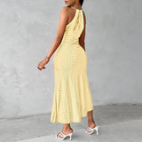 Women's Sexy Halter Neck Ruched Bodycon Midi Dresses Elegant Sleeveless Cocktail Party Dress