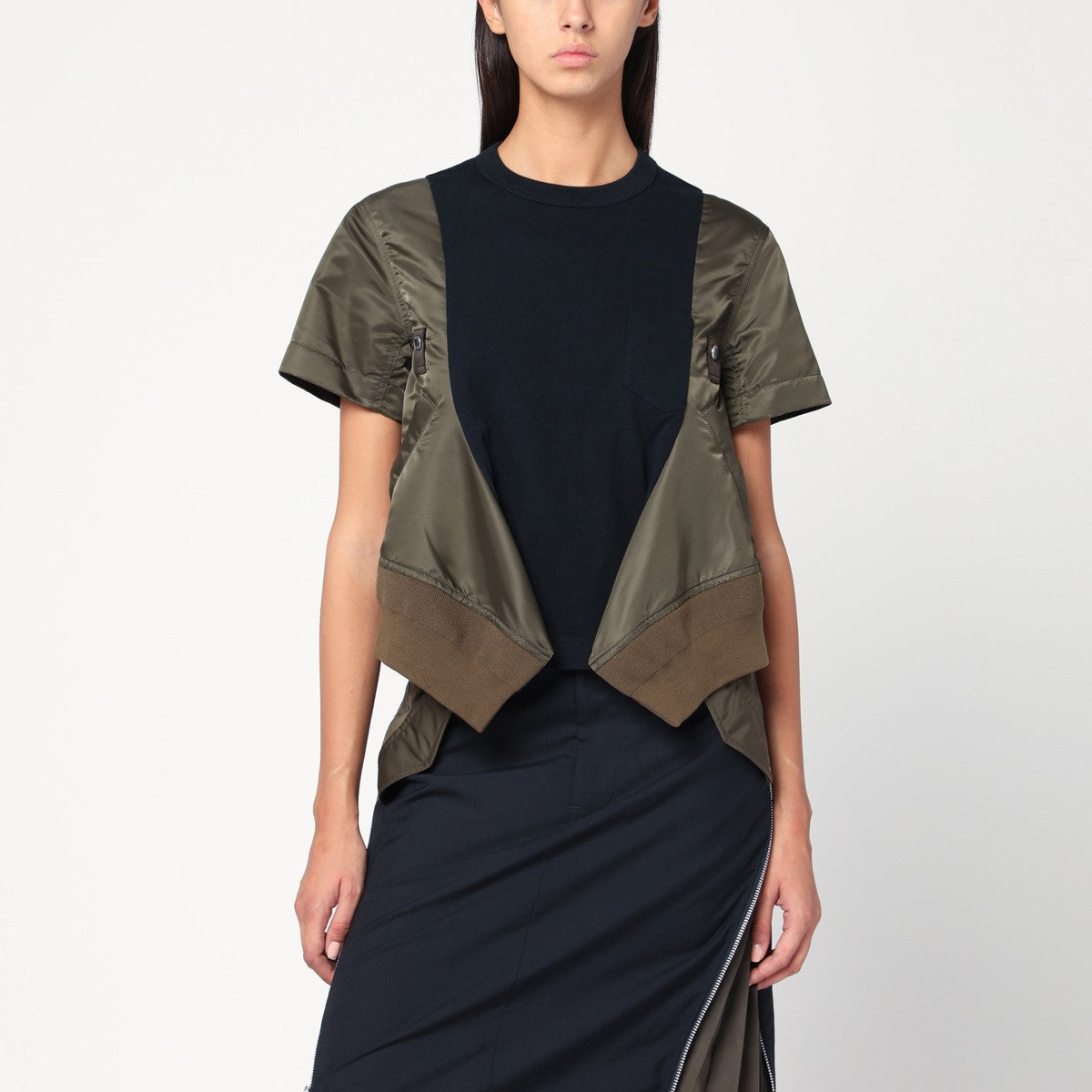 Sacai Navy/kaki cotton and nylon T-shirt