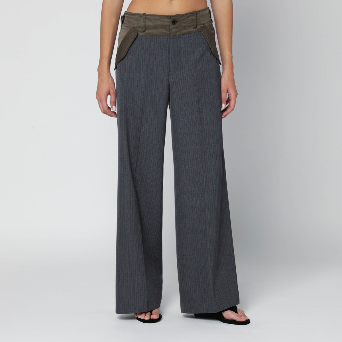 Sacai Grey/khaki pinstripe bi-material trousers