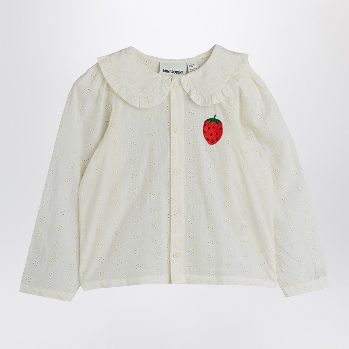 Mini Rodini White Schiffli blouse with embroidered strawberry