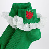 Mini Rodini Green socks with embroidered strawberries and lace
