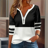Women's Zip-Up Round Neck Long Sleeve Sweatshirt With Color Block Stripes - Casual Pullover Top For Spring&Fall