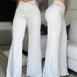 Women's Transparent Mesh Patchwork High Waist Pants With Elegant Cross Detail, Solid Color Fashion Trousers