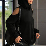 Women's Solid Color Long Sleeve Off-Shoulder Hoodie - Spring & Summer Fashion Casual Pullover Top