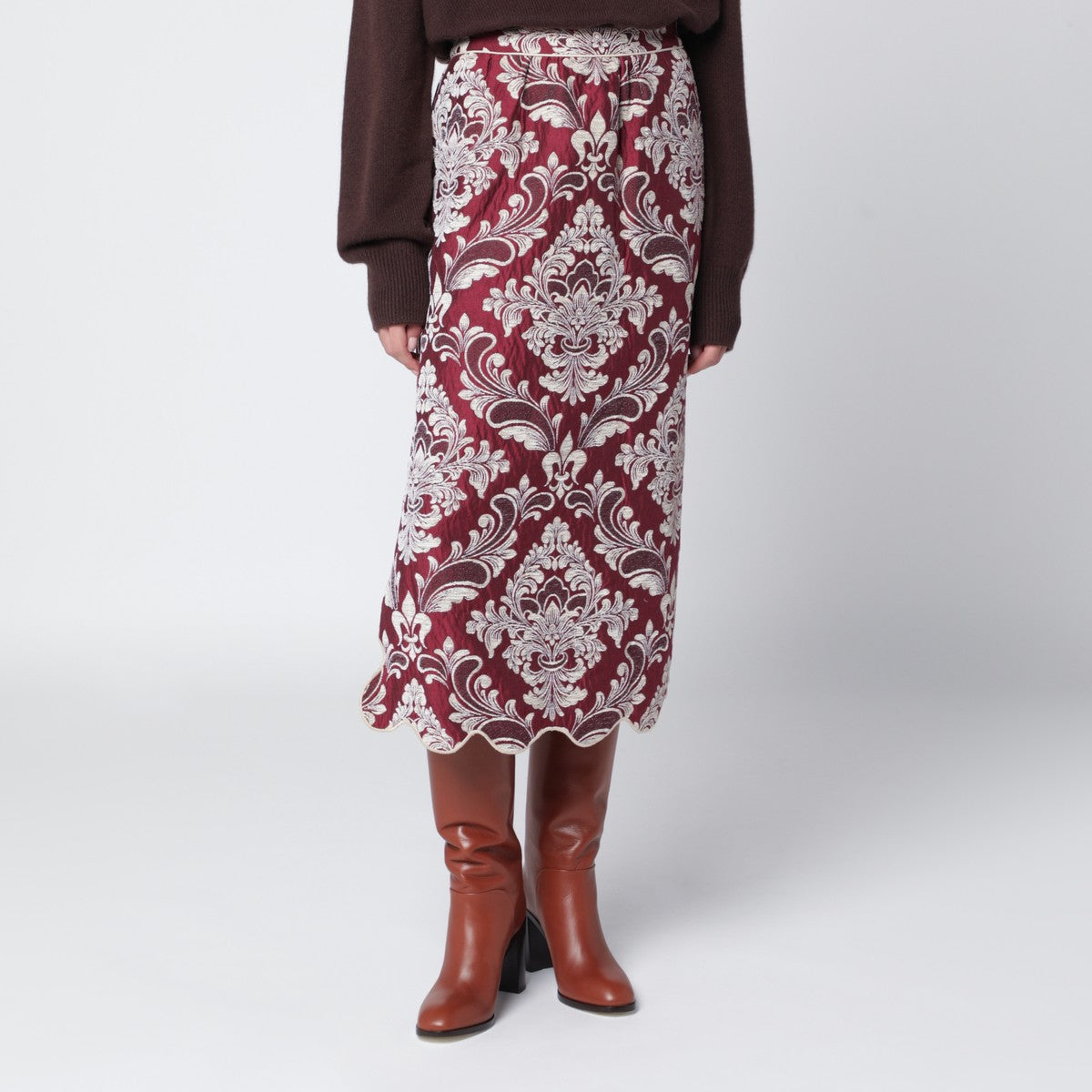 FARM Rio Bordeaux jacquard midi skirt