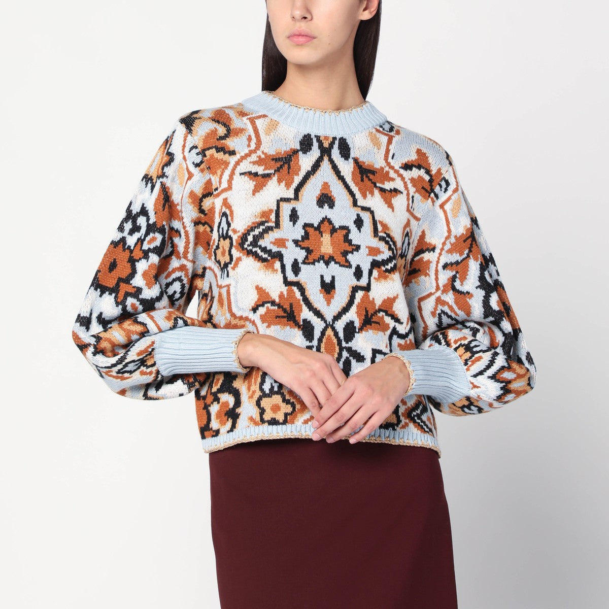 FARM Rio Light blue sweater with tapestry detail