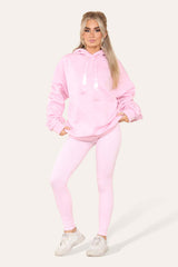 Oversized Ruched Sleeves Hoodie With Satin Ribbon With High Waist High Rise Seamless Ribbed Legging Set