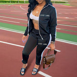 Women's Letter Embroidery Zip-Up Track Suit Set With Side Stripes - Sporty Casual 2-Piece Outfit Spring & Fall