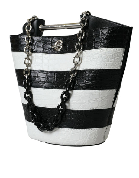 Balenciaga Black White Striped Exotic Skin Leather Maxi Bucket Tote Bag