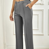 Ladies' Solid Color Pocket Versatile Commuting Waist Cinching Loose Straight Leg Wide Leg Pants