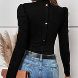 Women's Solid Color High Neck Back Button Decoration Slim Fit Long Sleeved T-shirt