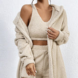 Women's Solid Color Strap Shorts Plush Warm Top 3-Piece Set