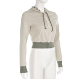 Women's Color-Blocked Zipper Long Sleeve Frayed Design & Pocket Drawstring Hooded Cropped Jacket Spring&Fashion Casual