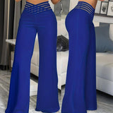 Women's Transparent Mesh Patchwork High Waist Pants With Elegant Cross Detail, Solid Color Fashion Trousers