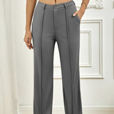 Ladies' Solid Color Pocket Versatile Commuting Waist Cinching Loose Straight Leg Wide Leg Pants