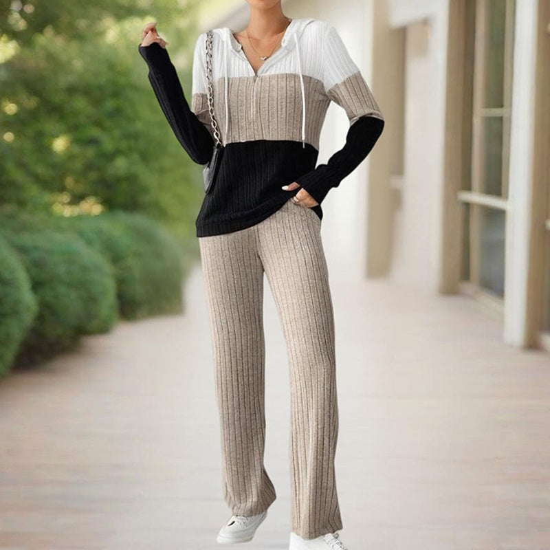 Women's Contracted Design Color-Block Hooded Sweatsuit Set - Long Sleeve Zip-Up Hoodie With Wide-Leg Lounge Pants