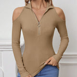 Women's Solid Color Long Sleeved Off Shoulder Zipper Design Slim Fit Home Clothing Top