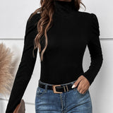 Women's Solid Color High Neck Back Button Decoration Slim Fit Long Sleeved T-shirt