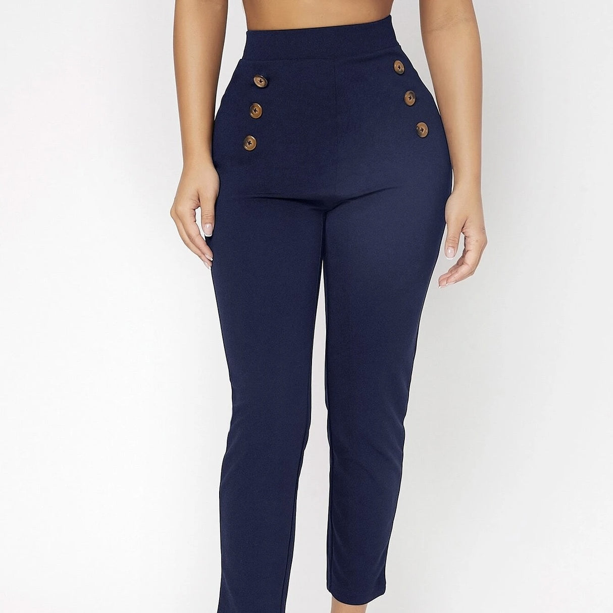 Ladies' Fashionable Retro Slim Fit Double Row Decoration Fake Button High Waisted Pants, Simple Solid Color Small Pant Legs