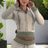 Women's Color-Blocked Zipper Long Sleeve Frayed Design & Pocket Drawstring Hooded Cropped Jacket Spring&Fashion Casual