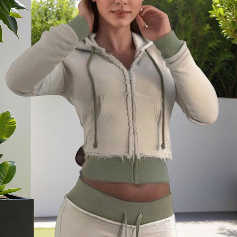 Women's Color-Blocked Zipper Long Sleeve Frayed Design & Pocket Drawstring Hooded Cropped Jacket Spring&Fashion Casual