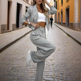 Women's Solid & Striped Long Sleeve Blazer Suit Set - Button-Up Cropped Top With Pleated Pants, Office Work Wear