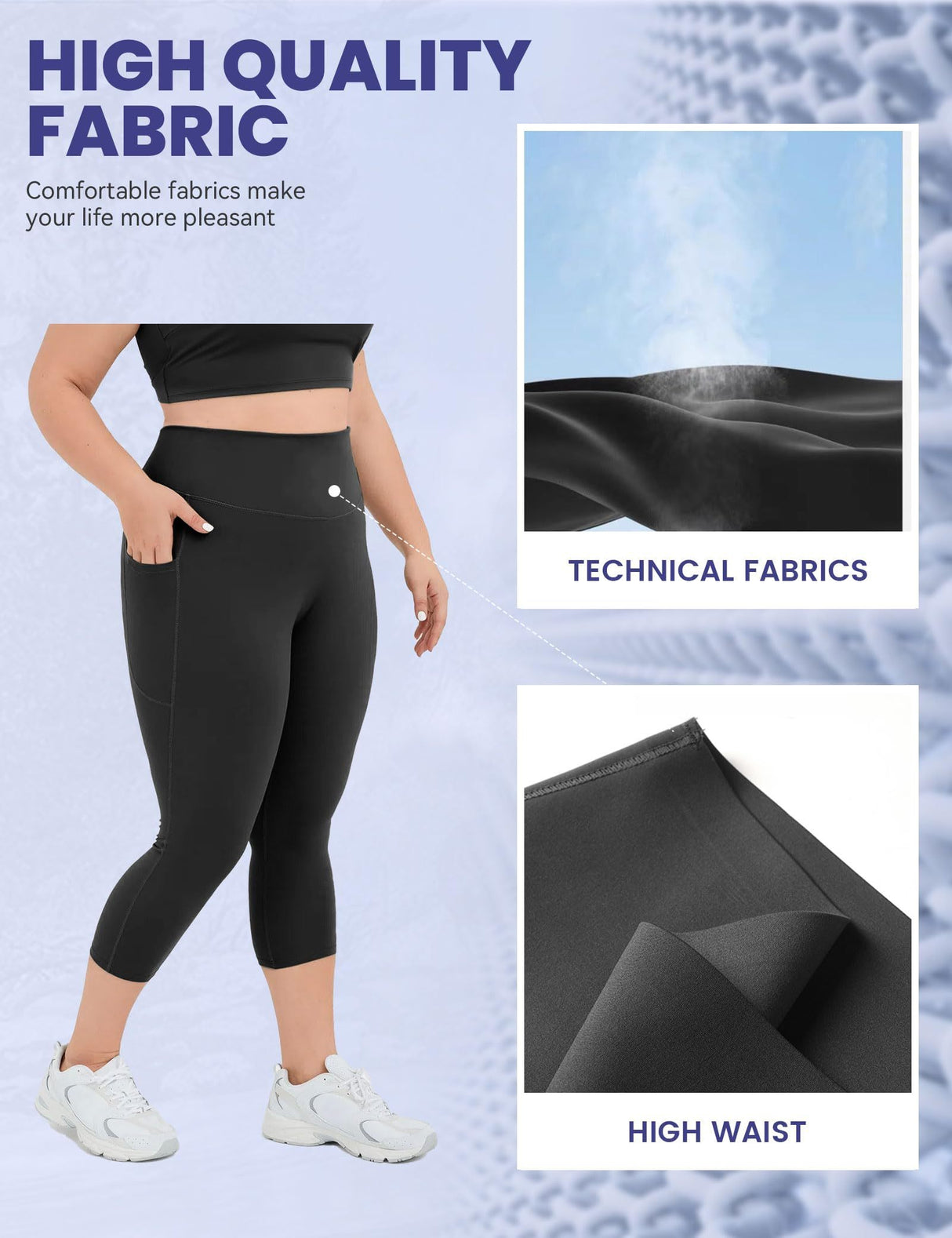 Yoga Pants - Cropped High-waisted Diagonal Pockets To Tuck In Solid Black Color
