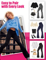 Flared Pants - Cropped Crossover Waist Pockets, Polyester Double Mill 2 Strips, Black Dark Gray