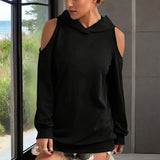 Women's Solid Color Long Sleeve Off-Shoulder Hoodie - Spring & Summer Fashion Casual Pullover Top