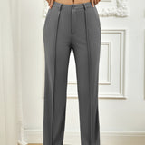 Ladies' Solid Color Pocket Versatile Commuting Waist Cinching Loose Straight Leg Wide Leg Pants